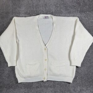 Vintage 80s One Step Up Cardigan Women's Large White Ribbed Academia Cottagecore